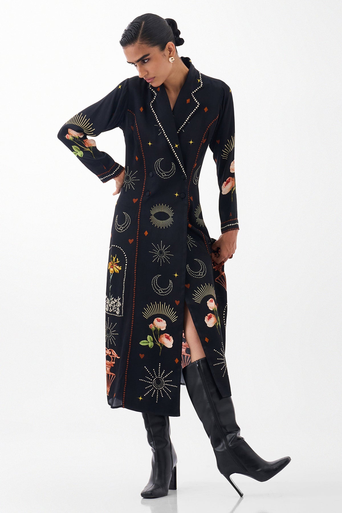 NOIB Willow Maxi Postcards and Petals Navy Dress, styled with boots