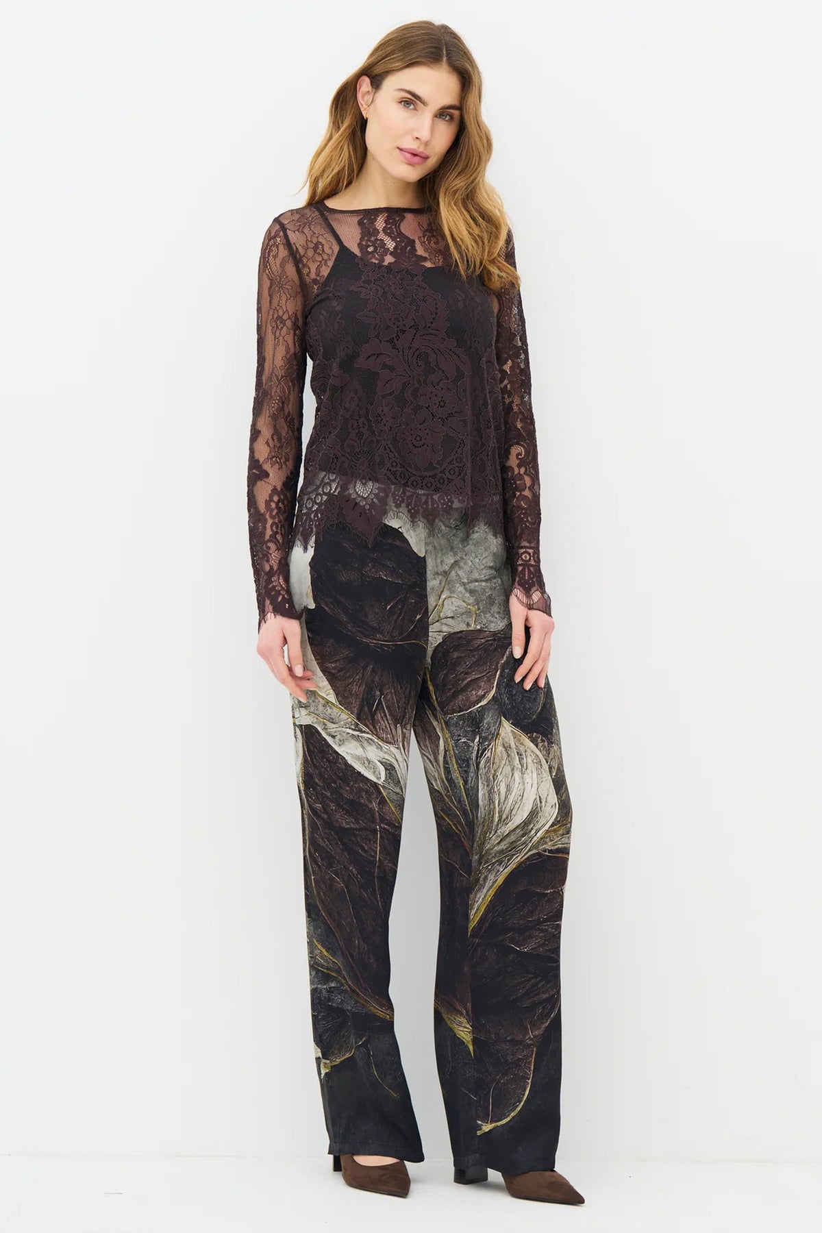 Nu Denmark Charlotte Brown Lace Top 14-50, styled full length over a black cami