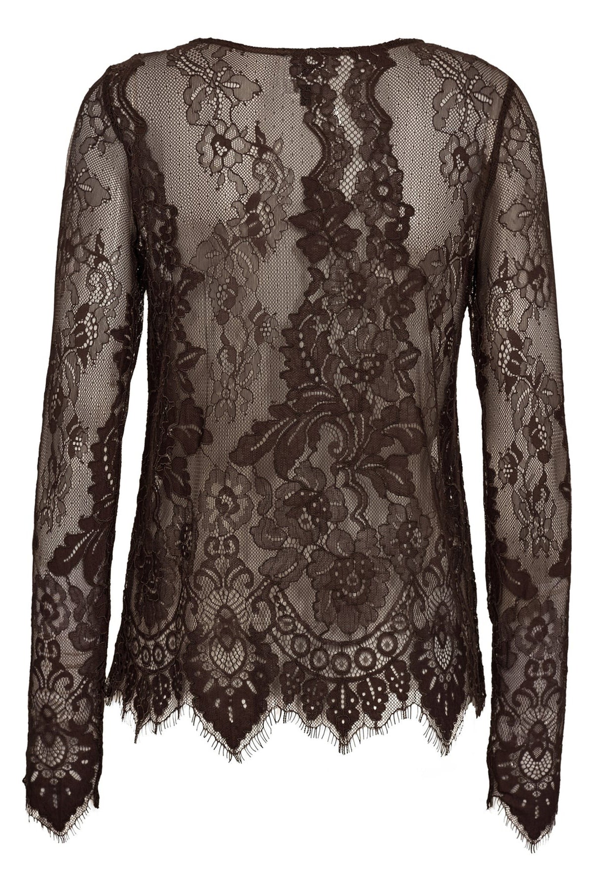 Nu Denmark Charlotte Brown Lace Top 14-50, back view with scalloped hem