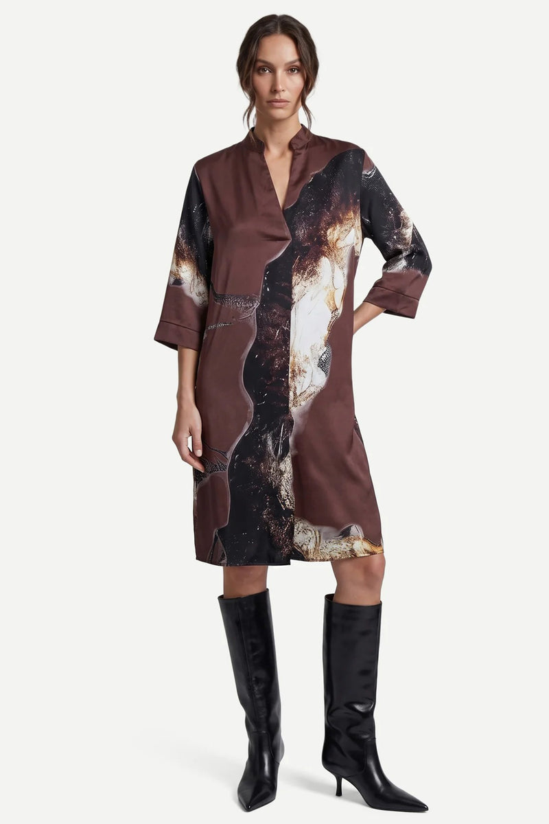Nu Denmark Cilje Brown Mix Abstract Print Tunic Dress 01-26-015, front full length on model