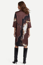 Nu Denmark Cilje Brown Mix Abstract Print Tunic Dress 01-26-015, back full length on model