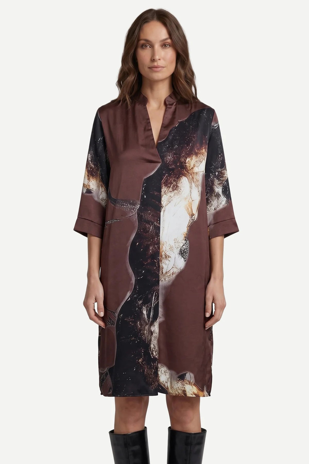 Nu Denmark Cilje Brown Mix Abstract Print Tunic Dress 01-26-015, front view styled with tall boots