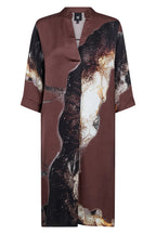 Nu Denmark Cilje Brown Mix Abstract Print Tunic Dress 01-26-015, front packshot showing the split print