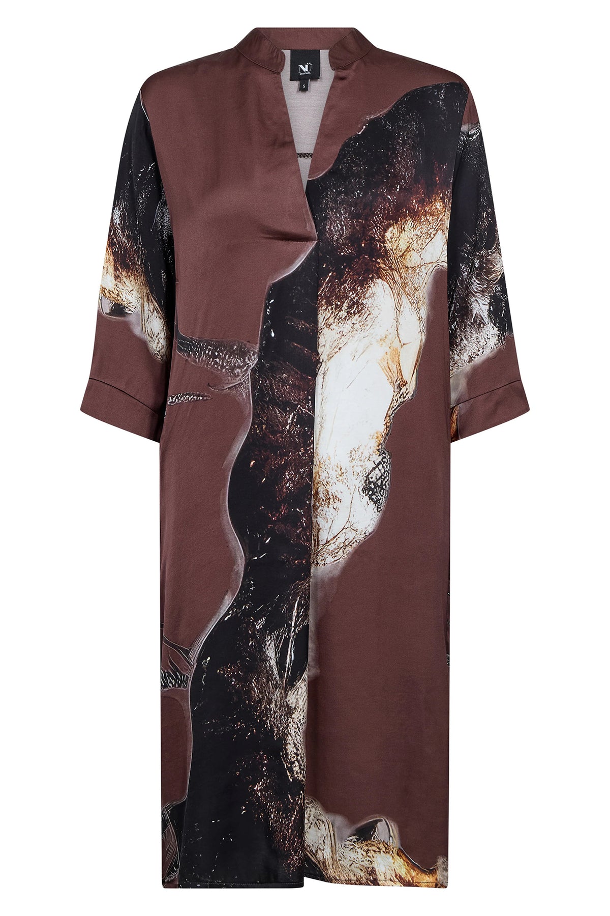 Nu Denmark Cilje Brown Mix Abstract Print Tunic Dress 01-26-015, front packshot showing the split print