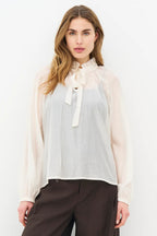 Nu Denmark Elly Creme White Tie Neck Sheer Blouse 8977-40, front cropped view