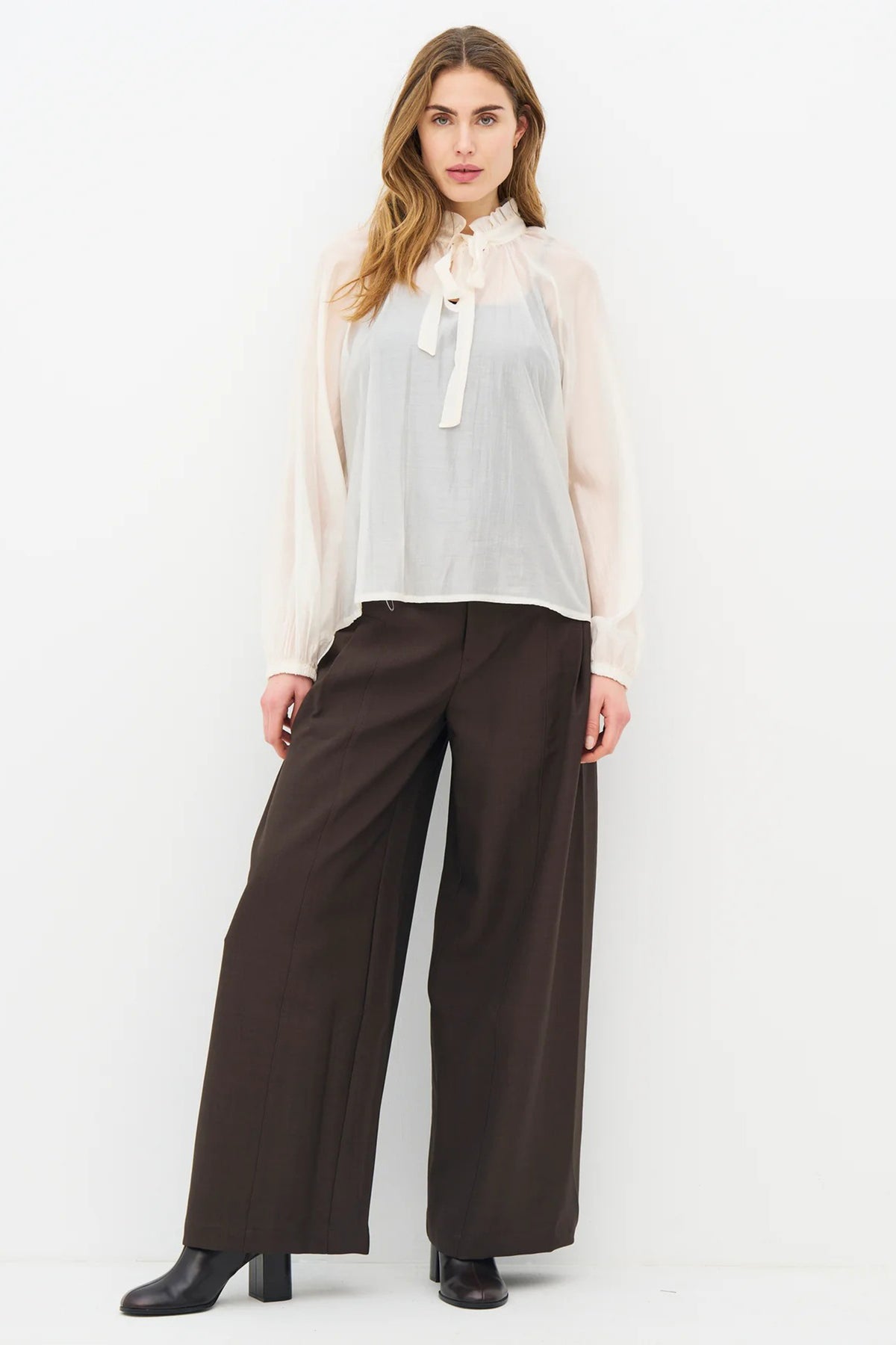Nu Denmark Elly Creme White Tie Neck Sheer Blouse 8977-40, front full length on model