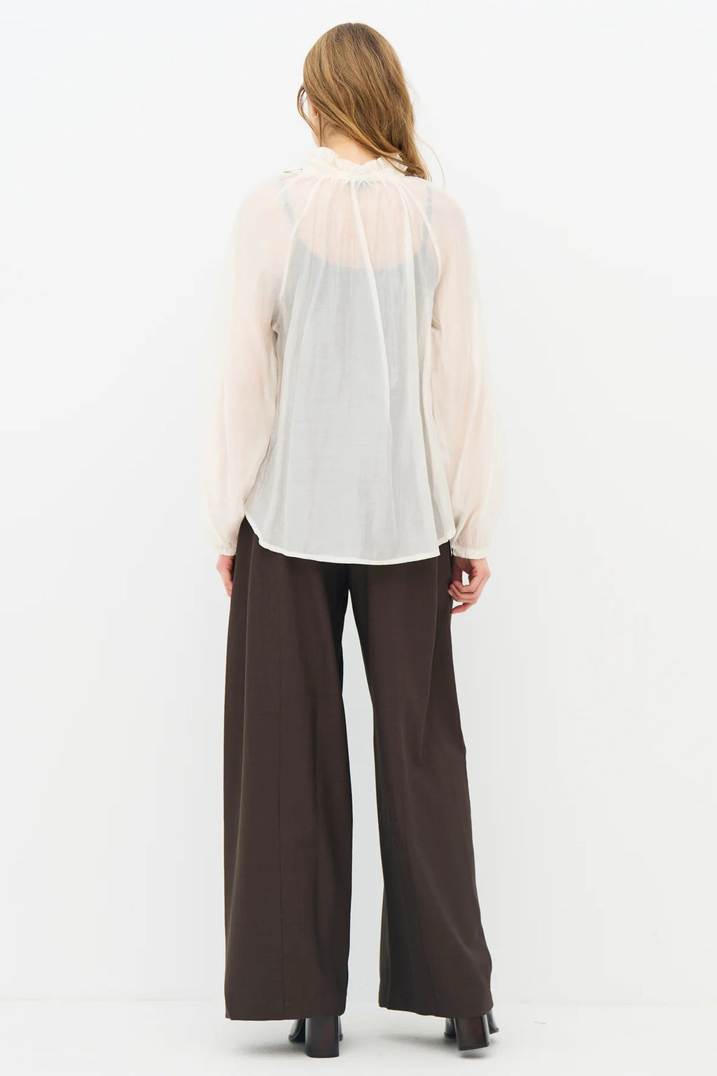 Nu Denmark Elly Creme White Tie Neck Sheer Blouse 8977-40, back full length on model