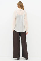 Nu Denmark Elly Creme White Tie Neck Sheer Blouse 8977-40, back full length on model