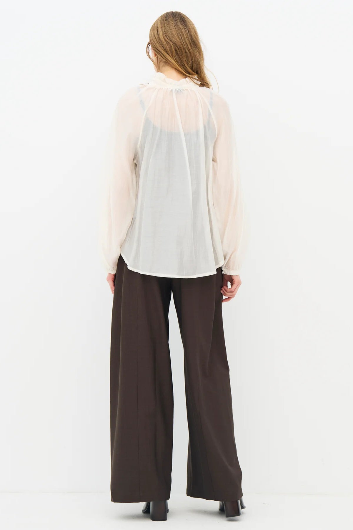 Nu Denmark Elly Creme White Tie Neck Sheer Blouse 8977-40, back full length on model