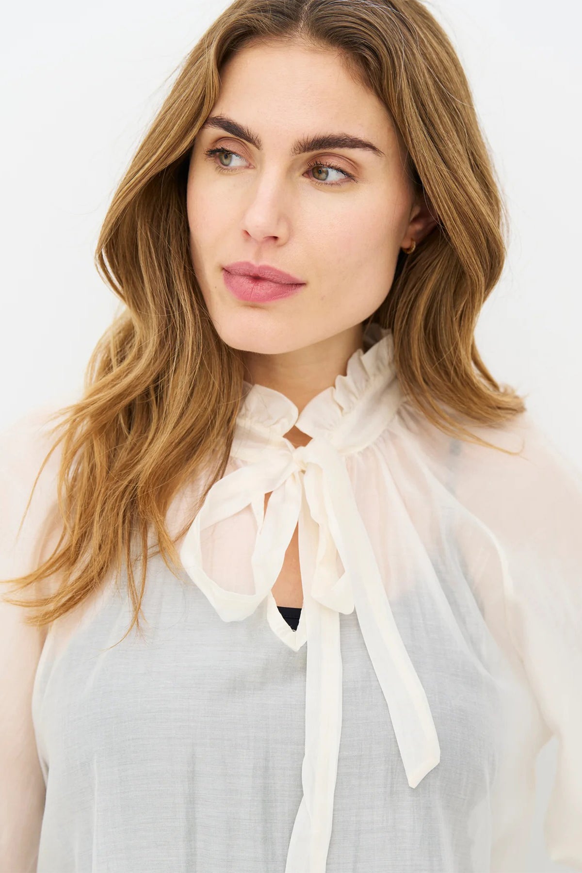 Nu Denmark Elly Creme White Tie Neck Sheer Blouse 8977-40, close detail of the frilled neck and ties