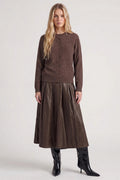 Nu Denmark Emeline Brown Faux Leather Midi Skirt 8924-20, styled with a knit and boots