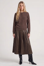 Nu Denmark Emeline Brown Faux Leather Midi Skirt 8924-20, styled with a knit and boots