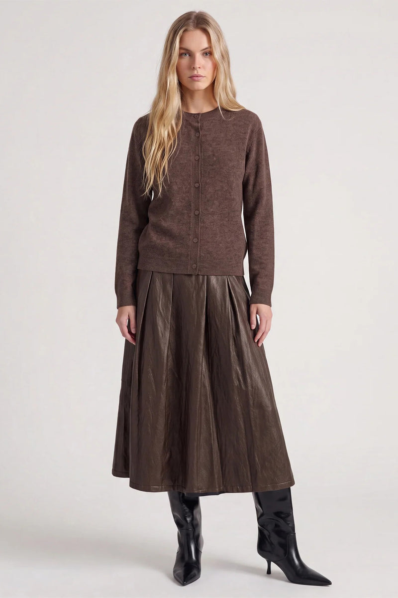 Nu Denmark Emeline Brown Faux Leather Midi Skirt 8924-20, styled with a knit and boots