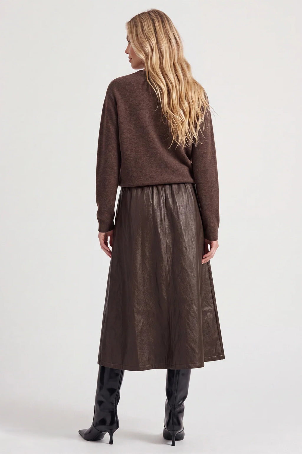 Nu Denmark Emeline Brown Faux Leather Midi Skirt 8924-20, worn back view
