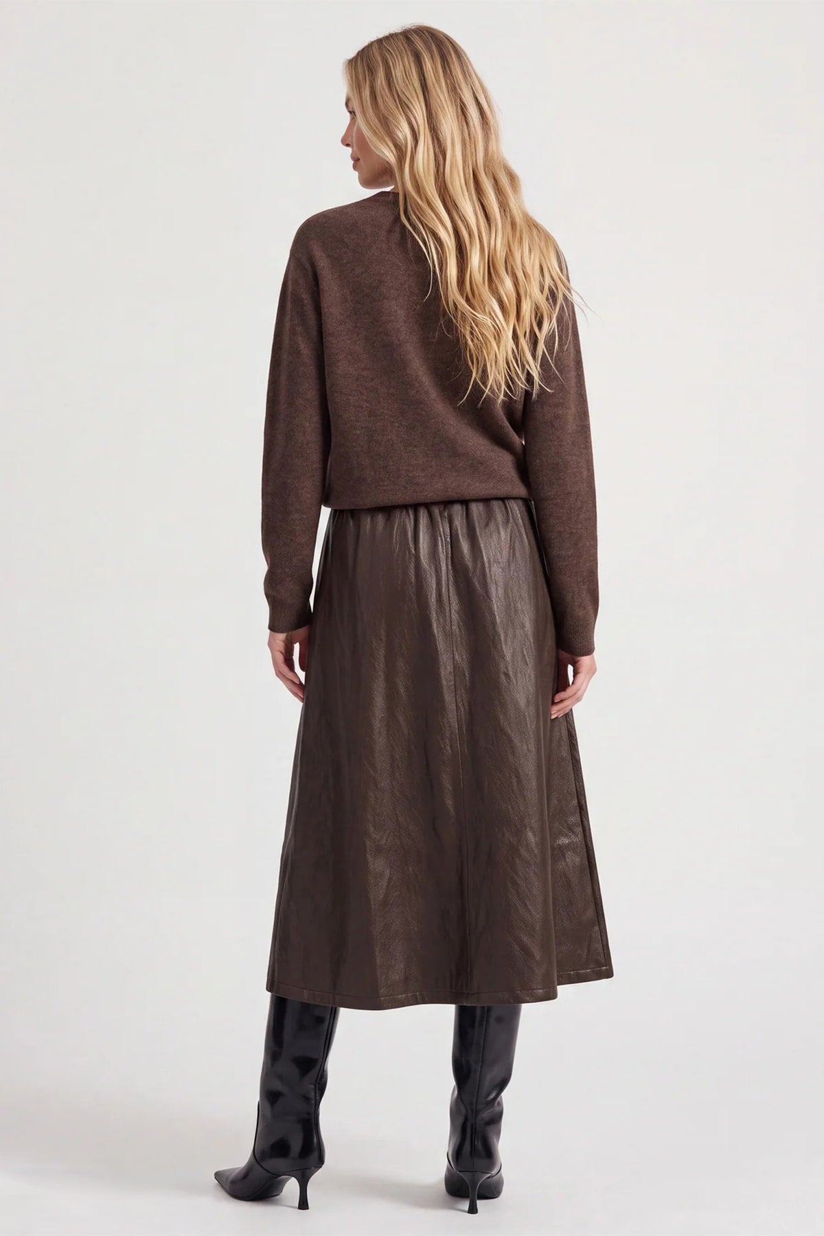 Nu Denmark Emeline Brown Faux Leather Midi Skirt 8924-20, worn back view