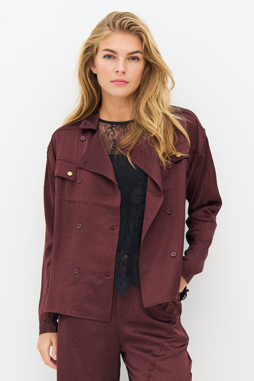 Nu Denmark Emory Burgundy Red Satin Overshirt 8928-40, front cropped view