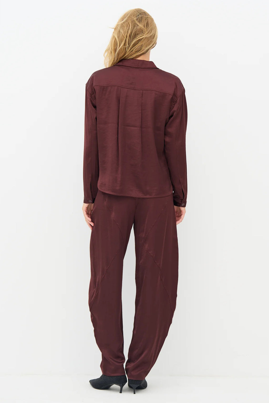 Nu Denmark Emory Burgundy Red Satin Overshirt 8928-40, back full length on model