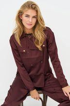 Nu Denmark Emory Burgundy Red Satin Overshirt 8928-40, seated view showing the chest pockets and buttons