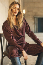 Nu Denmark Emory Burgundy Red Satin Overshirt 8928-40, styled view showing the satin sheen in daylight