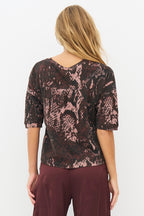 Nu Denmark Enola Rose Snake Brown Print Top 8931-50, back cropped view showing the scooped neckline