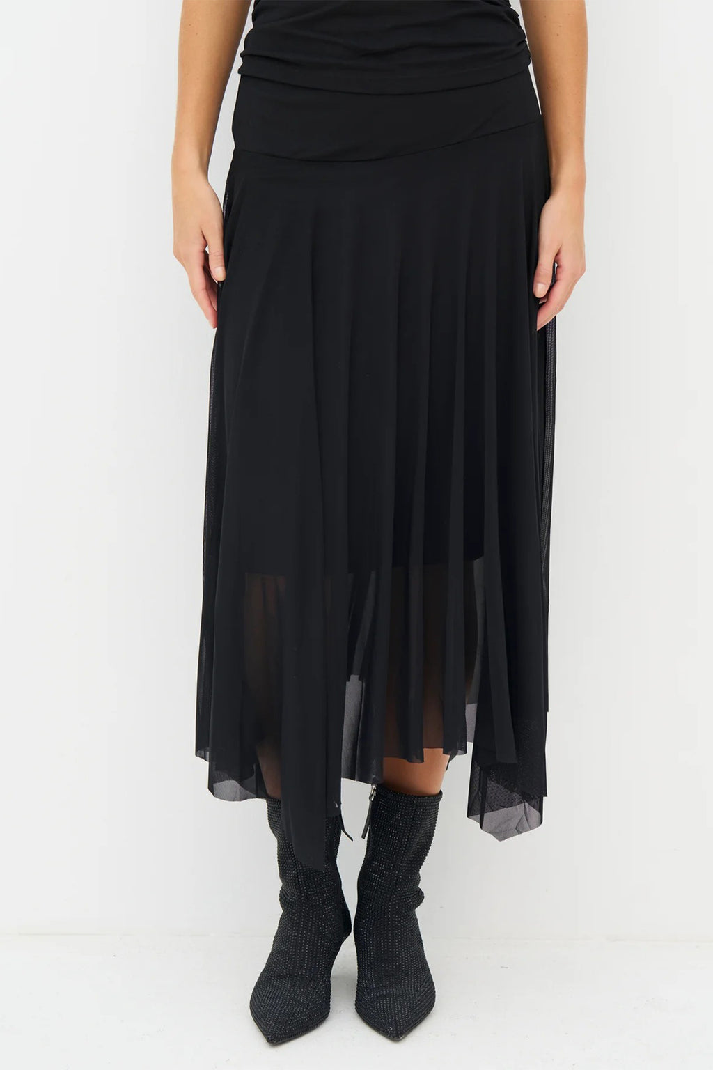 Nu Denmark Enya Black Handkerchief Hem Mesh Midi Skirt 8932-20, front cropped view