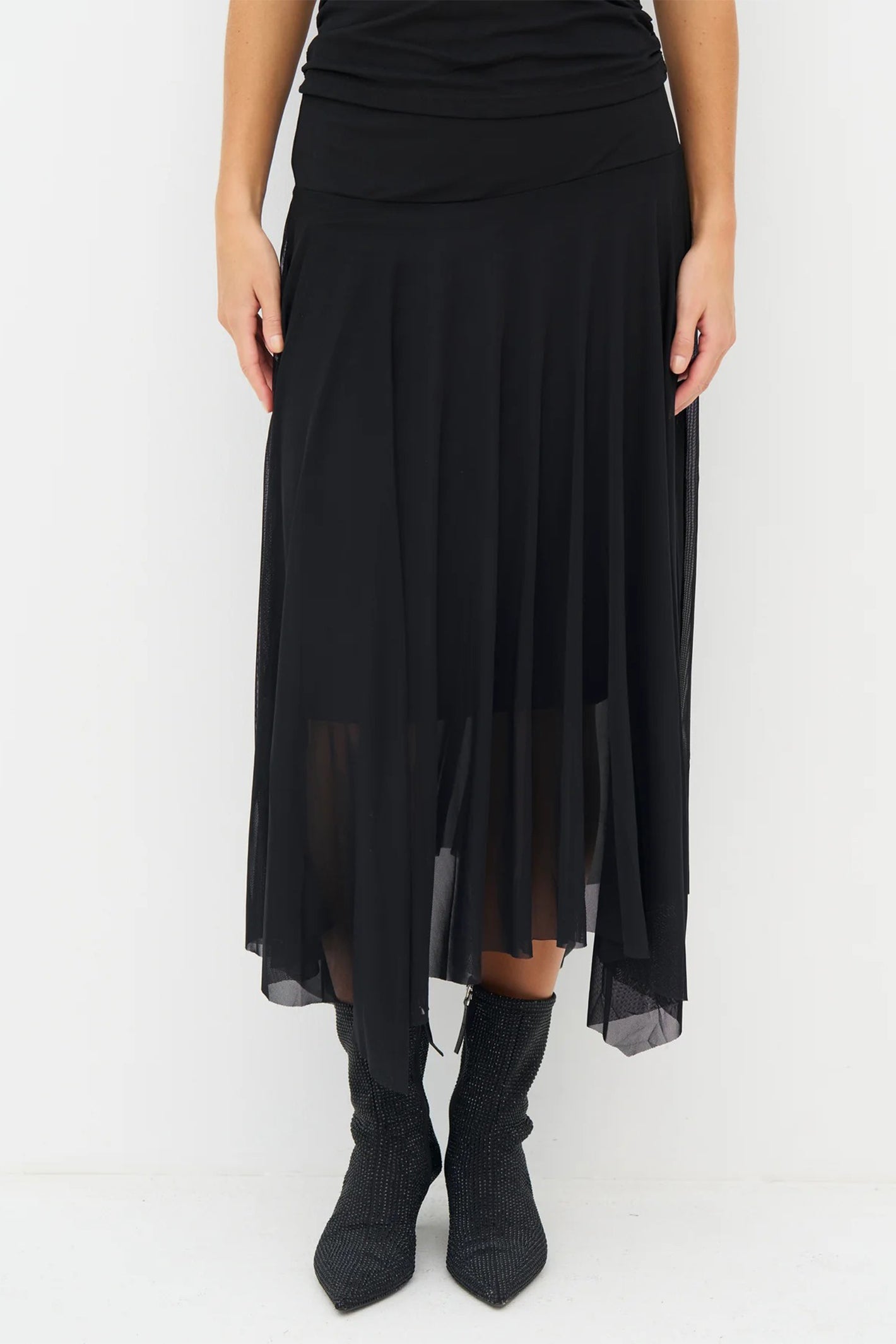 Nu Denmark Enya Black Handkerchief Hem Mesh Midi Skirt 8932-20, front cropped view