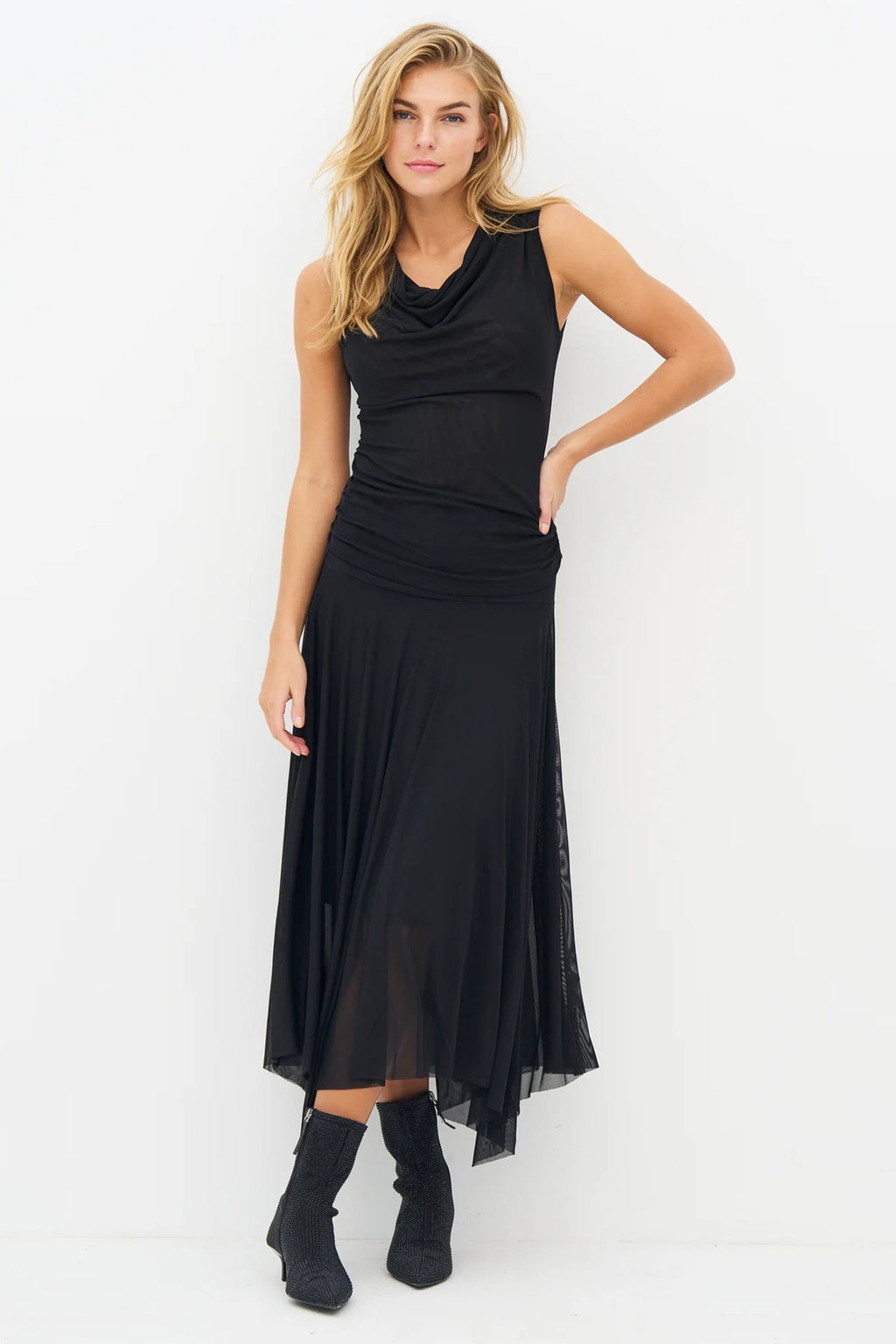 Nu Denmark Enya Black Handkerchief Hem Mesh Midi Skirt 8932-20, front full length on model