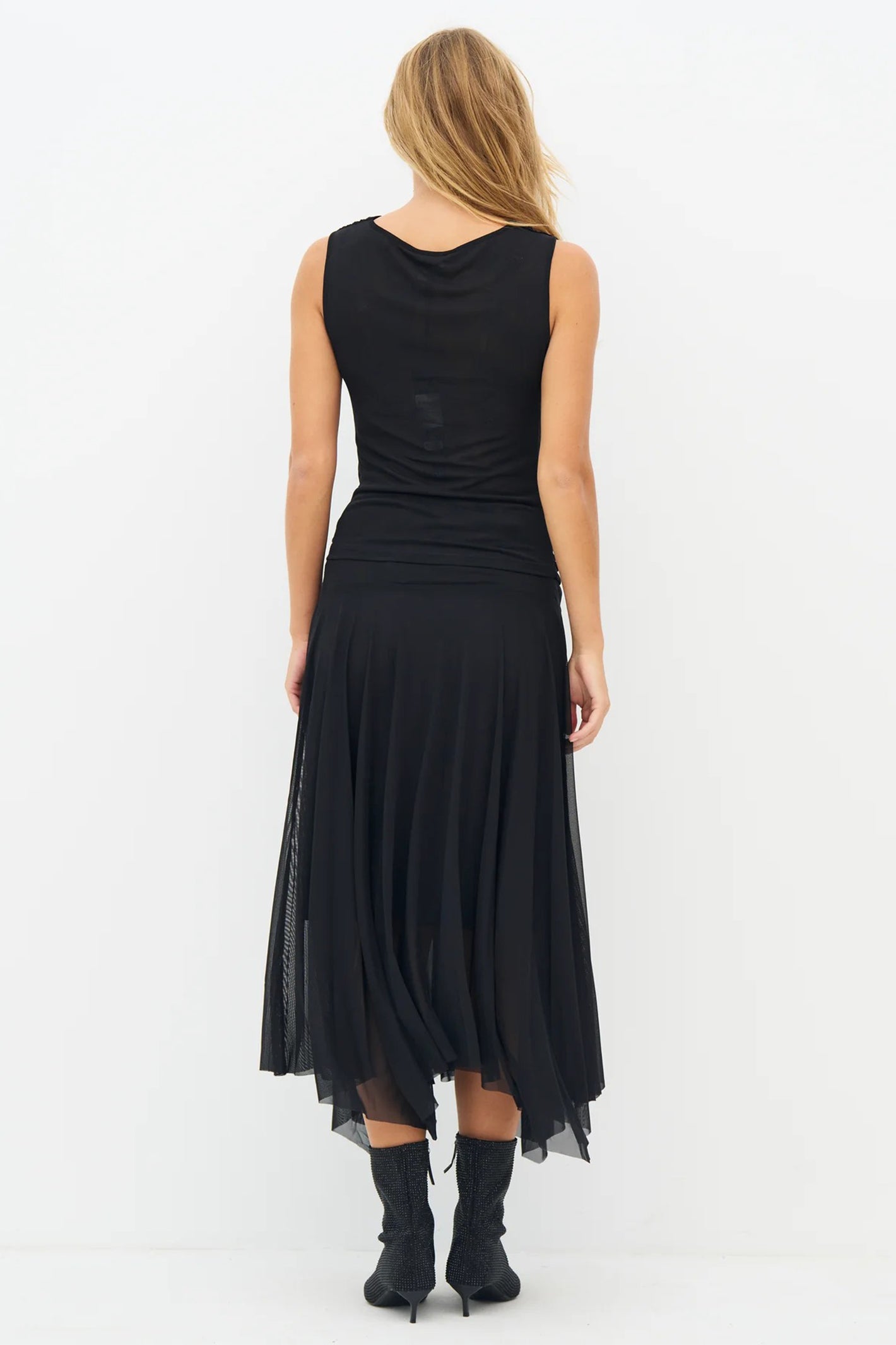 Nu Denmark Enya Black Handkerchief Hem Mesh Midi Skirt 8932-20, back full length on model