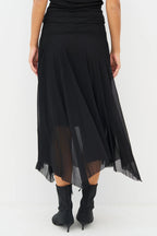 Nu Denmark Enya Black Handkerchief Hem Mesh Midi Skirt 8932-20, cropped view showing the waistband and hem points