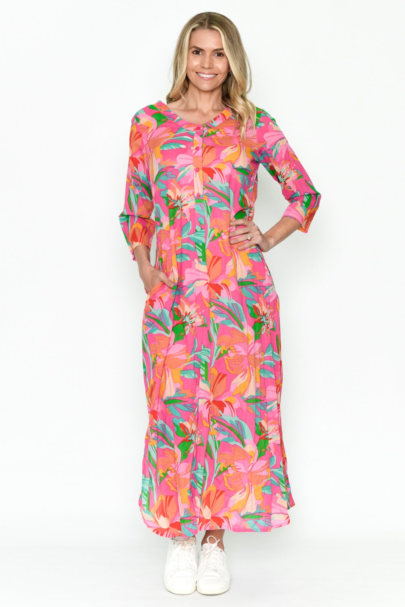 One Summer Melina pink flower print maxi dress at OSO Boutique