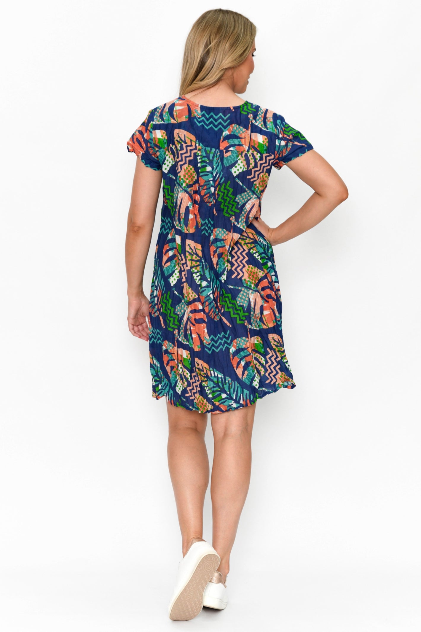 One Summer Nicola navy tropical leaf print cap sleeve dress at OSO Boutique