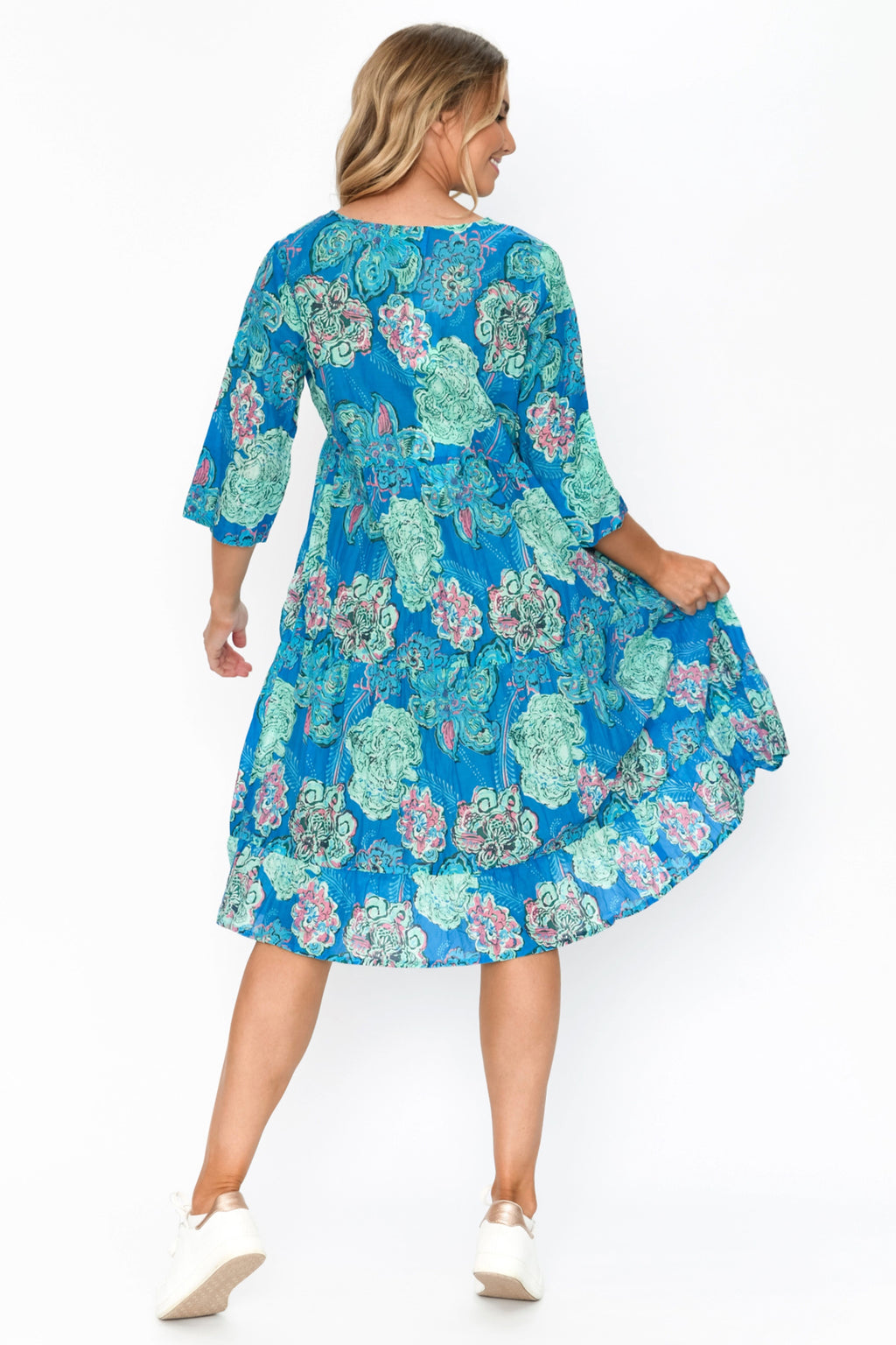 One Summer Rebecca blue floral tie neck dress at OSO Boutique
