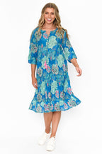 One Summer Rebecca blue floral tie neck dress at OSO Boutique