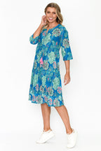 One Summer Rebecca blue floral tie neck dress at OSO Boutique