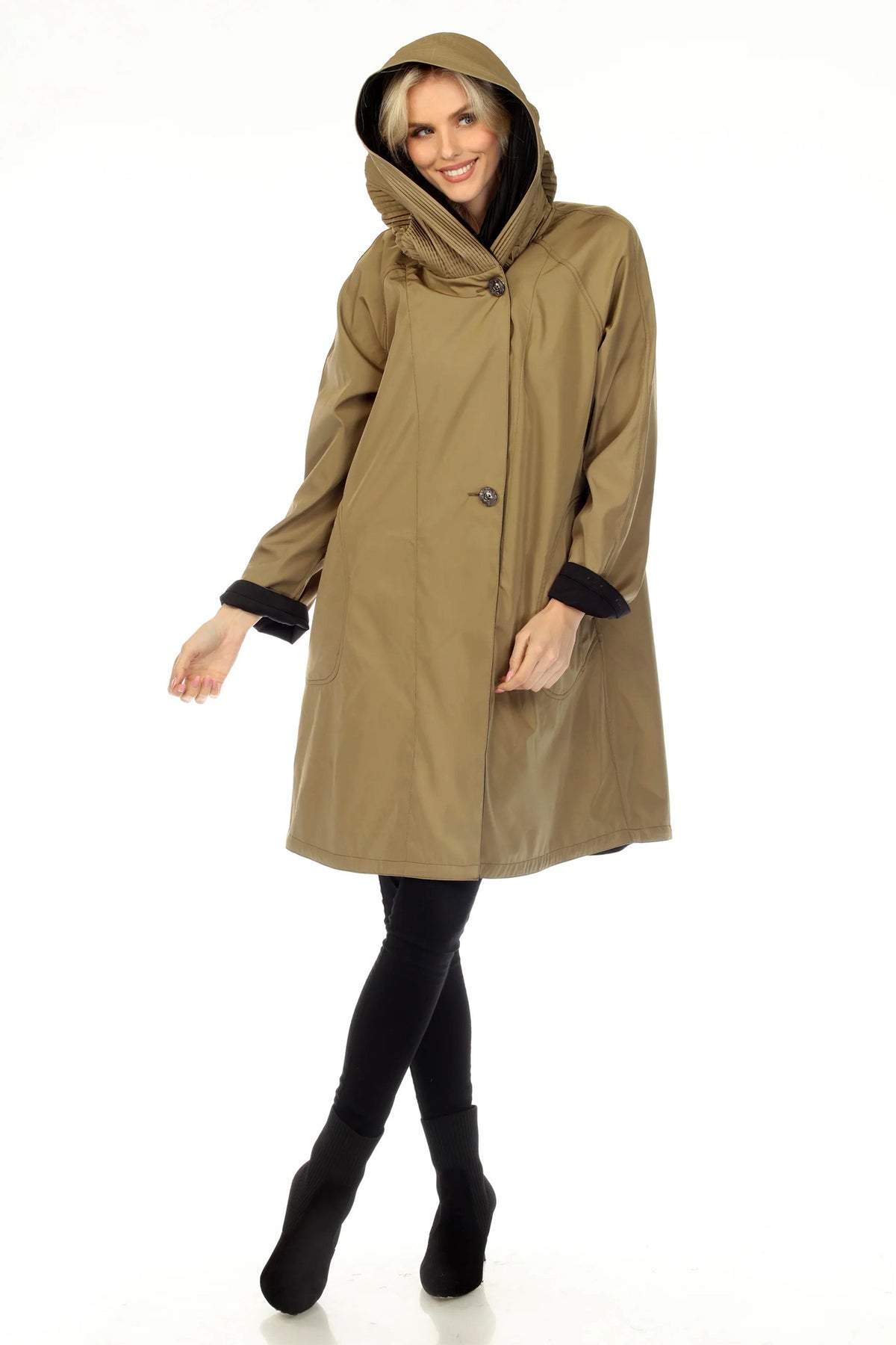 Oopera Green Gold Hooded Coat AJ2605RW-6, front view