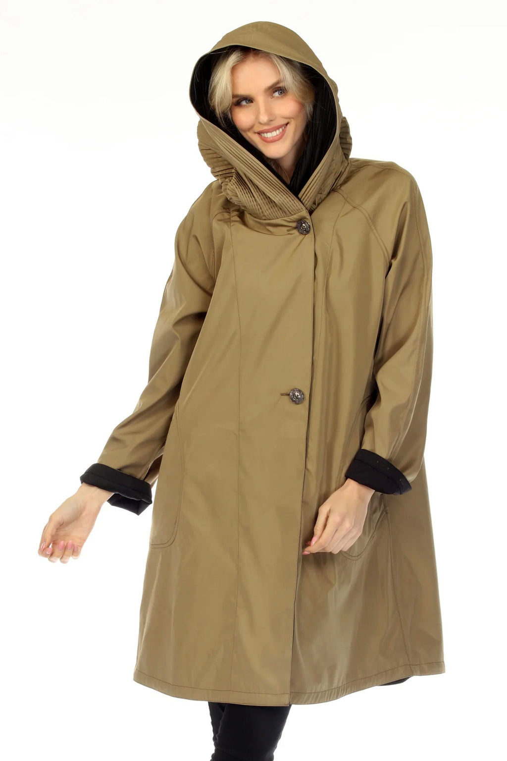 Oopera Green Gold Hooded Coat AJ2605RW-6, hood up close-up