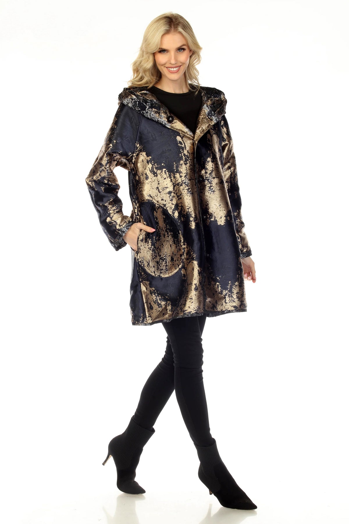 Oopera Grey Gold Multicolour Hooded Coat AJ2603RW, reverse side