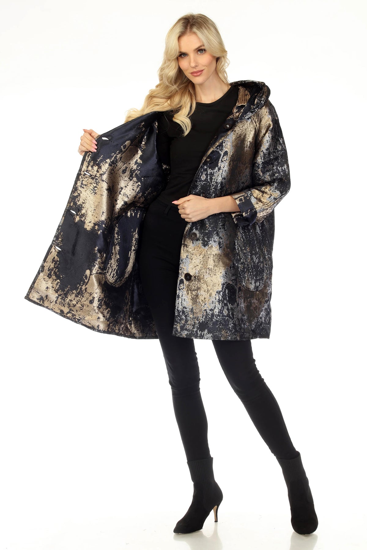 Oopera Grey Gold Multicolour Hooded Coat AJ2603RW, worn open