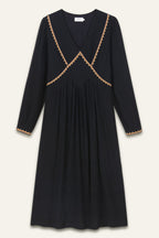 Orfeo Paris Gina Black Dress DS1884, flat packshot showing the trim