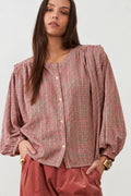 Orfeo Paris Janet Pink Checked Top TW1846, close front view of the gathered yoke
