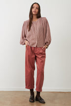 Orfeo Paris Janet Pink Checked Top TW1846, front view with rust trousers