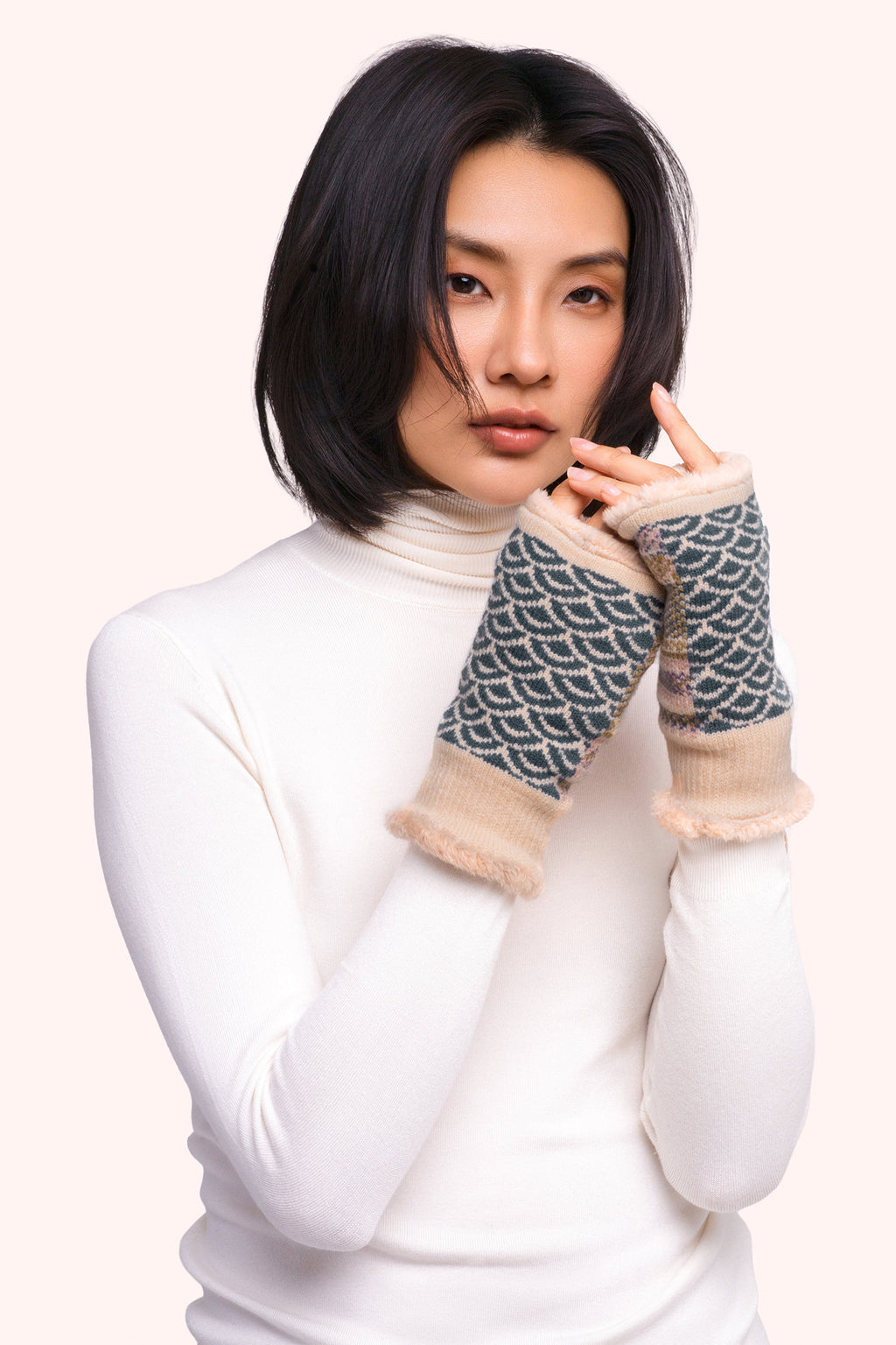 Powder Agatha Denim Mix Blue Wrist Warmers AGA3, worn view
