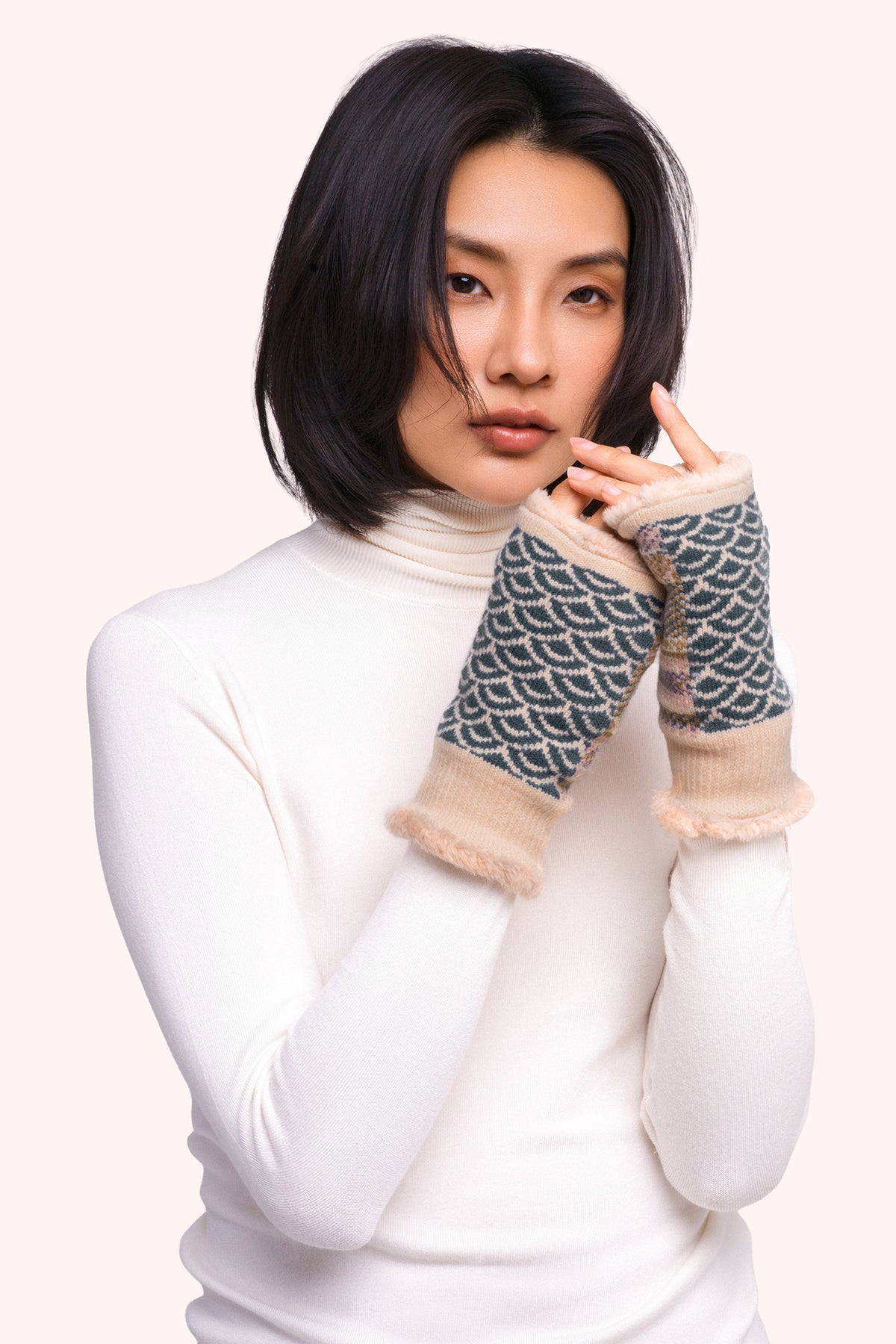 Powder Agatha Denim Mix Blue Wrist Warmers AGA3, worn view