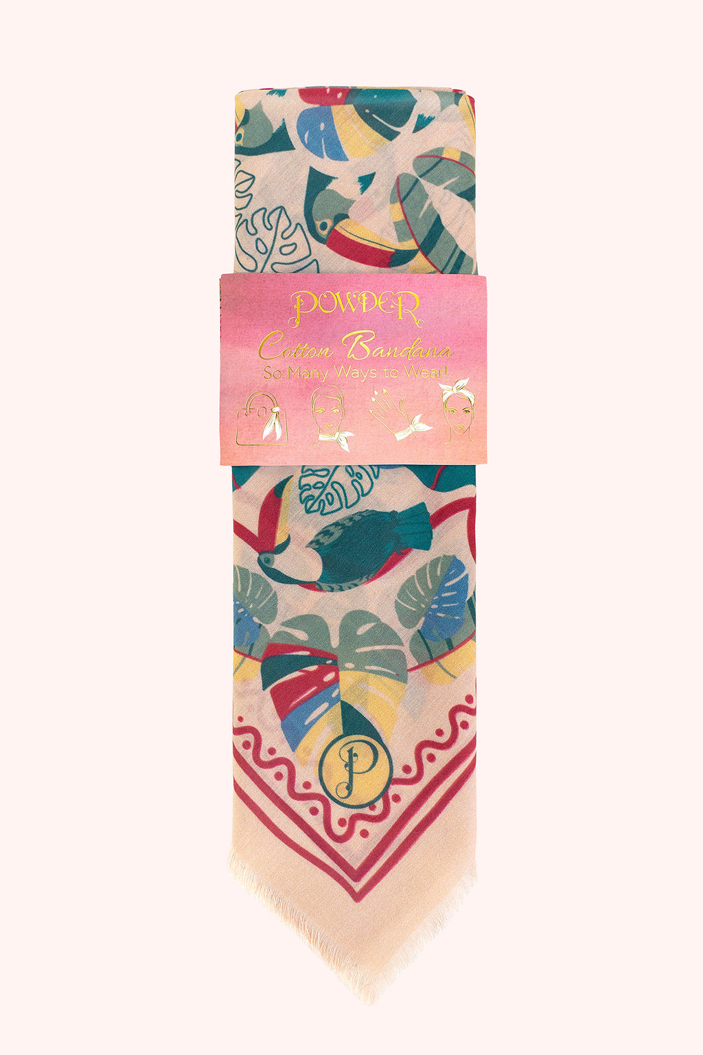 Colorful patterned scarf with a brand label on a white background