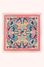 Colorful patterned fabric square with a central design on a white background