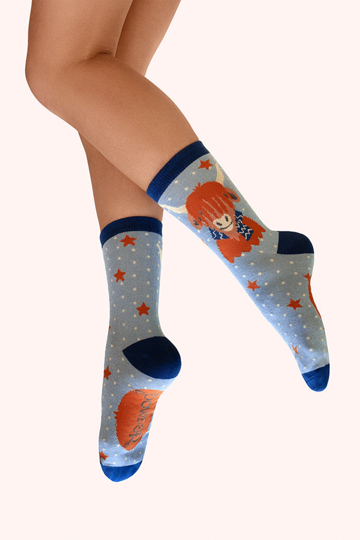 Powder Cosy Highland Cow Blue Ankle Socks SOC825, worn view