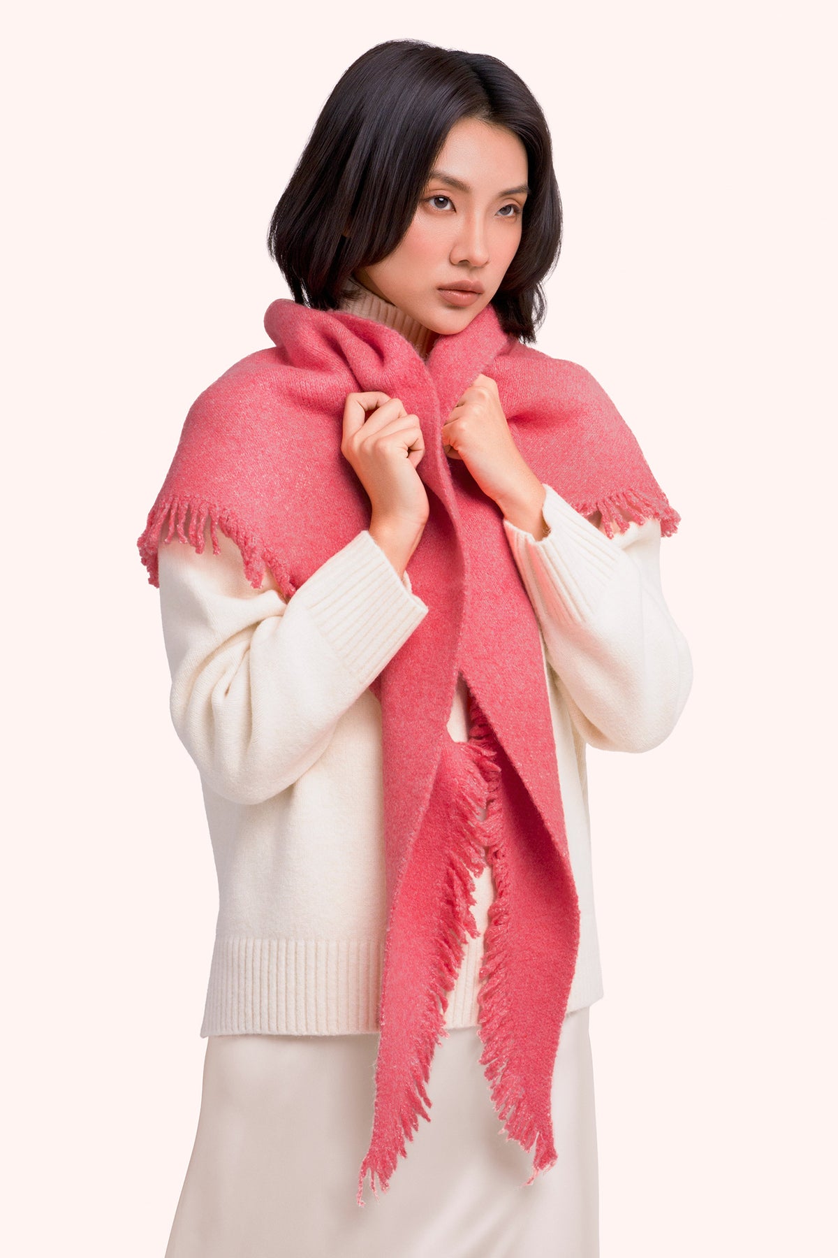 Powder Emily Coral Pink Scarf EMI4, worn view