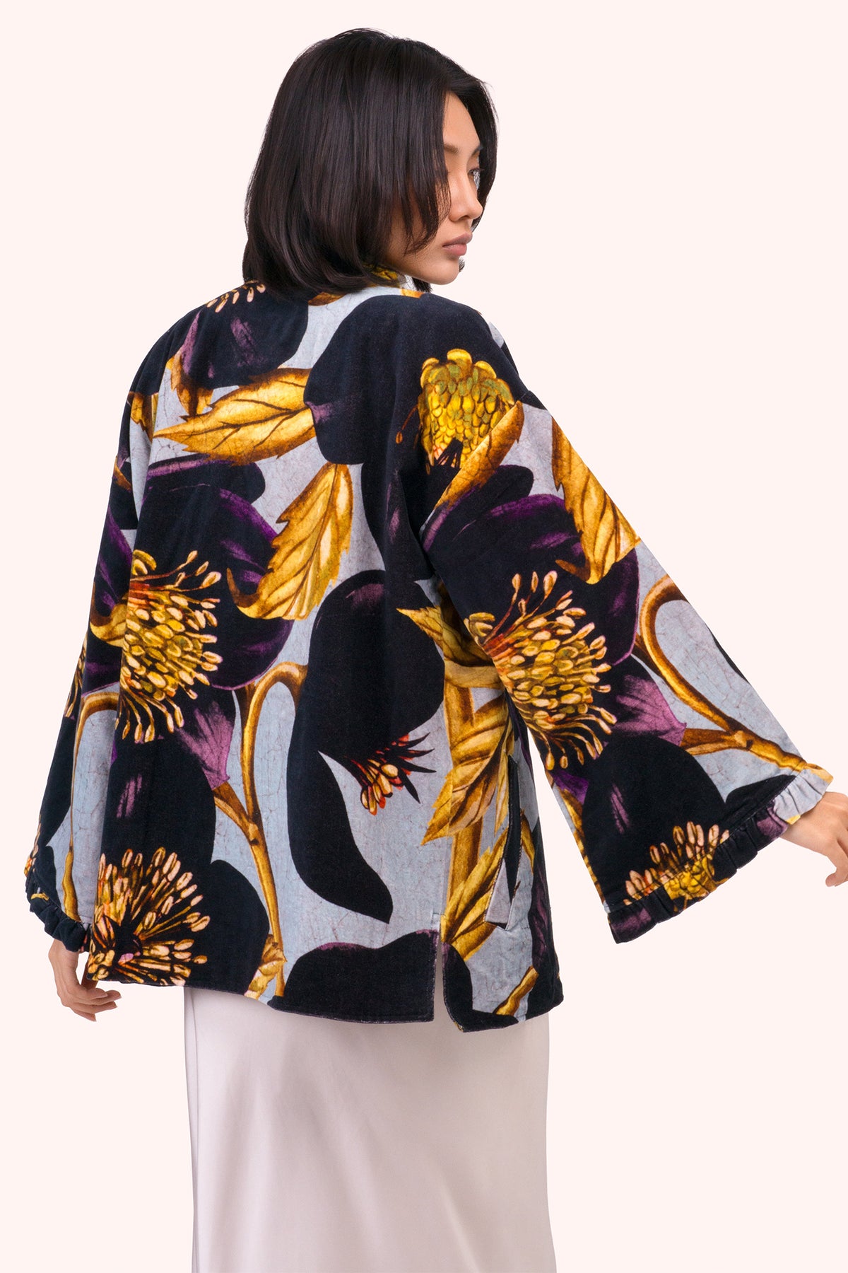 Powder Hellebore Navy Velvet Jacket SVJ5, worn back view