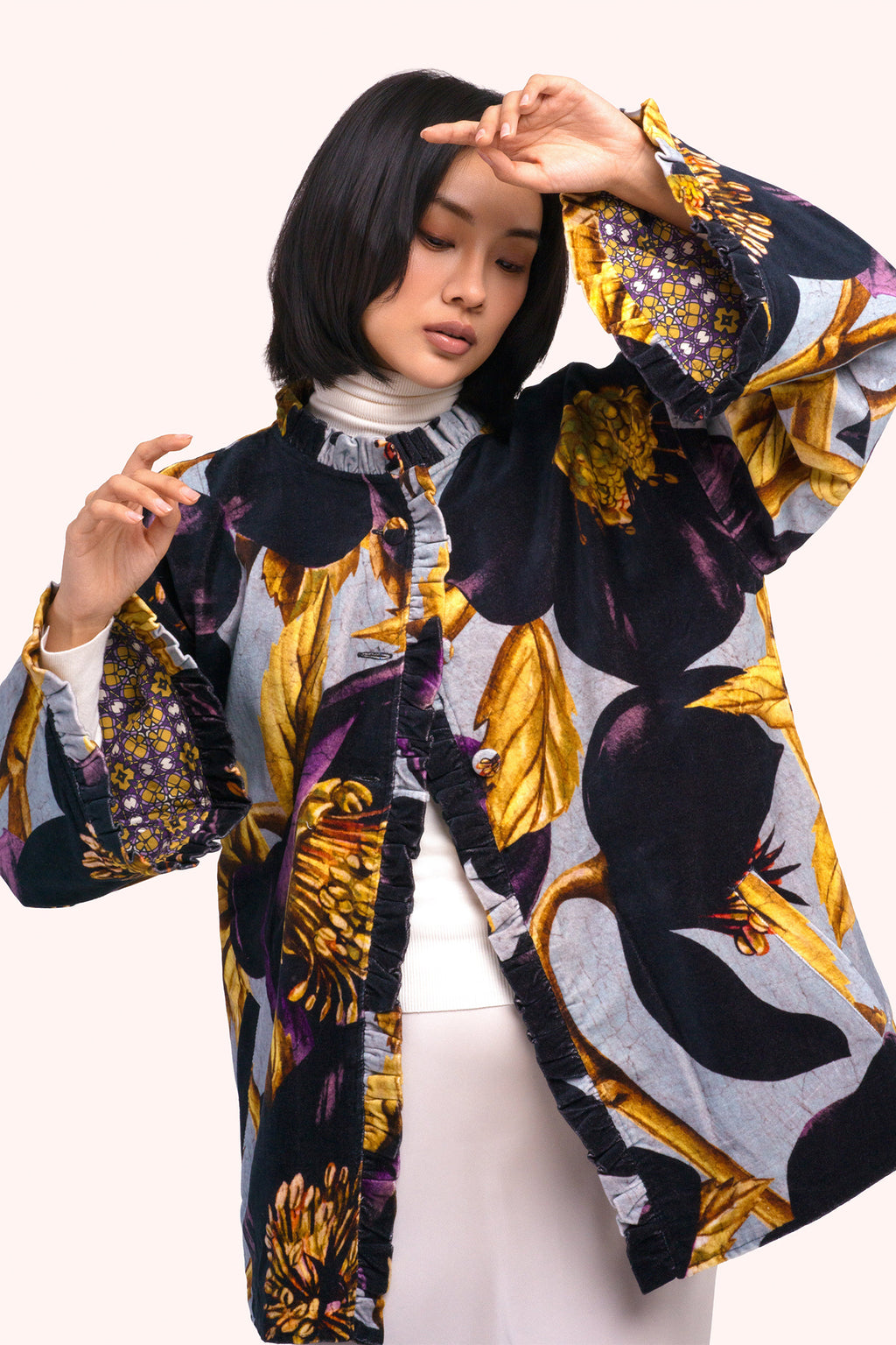 Powder Hellebore Navy Velvet Jacket SVJ5, worn full length view