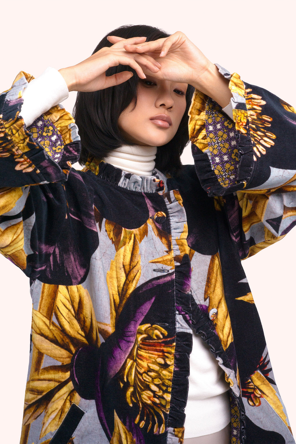Powder Hellebore Navy Velvet Jacket SVJ5, worn sleeve detail